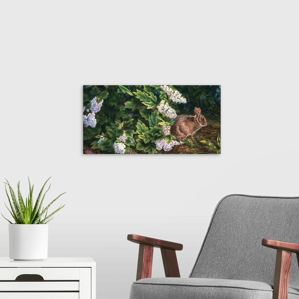 A modern room featuring rabbit with white spring flowers