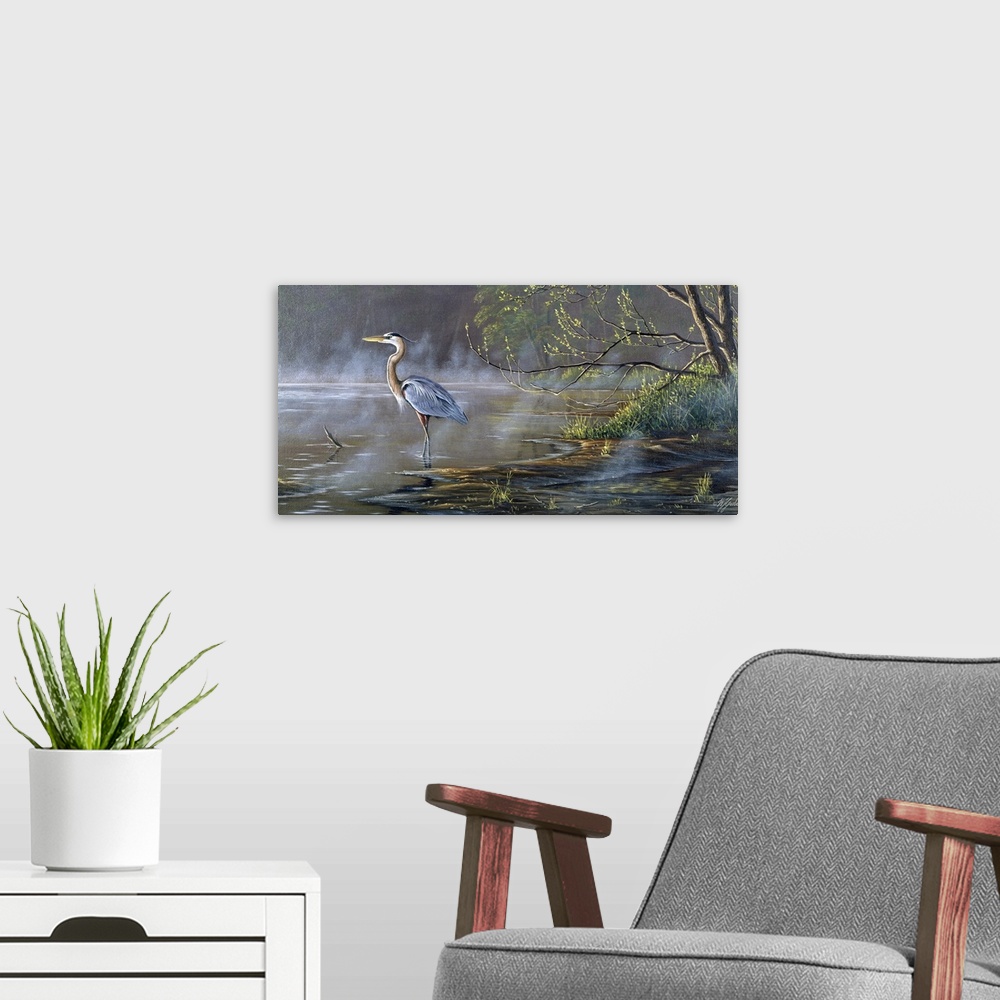 A modern room featuring Great blue heron in a pond.