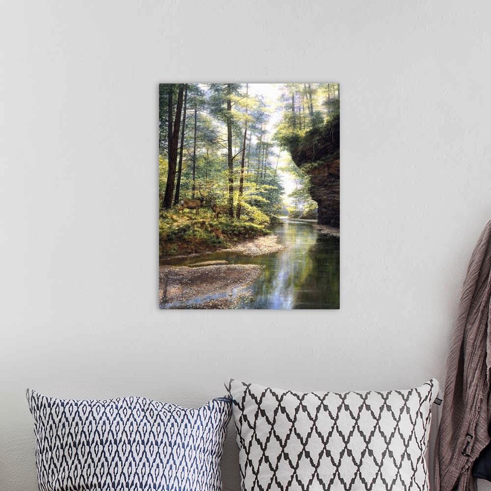 A bohemian room featuring Contemporary painting of a stream running through a forest.