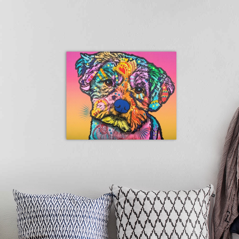 A bohemian room featuring Colorful painting of a dog with sad eyes and graffiti-like designs on a pink and yellow background.