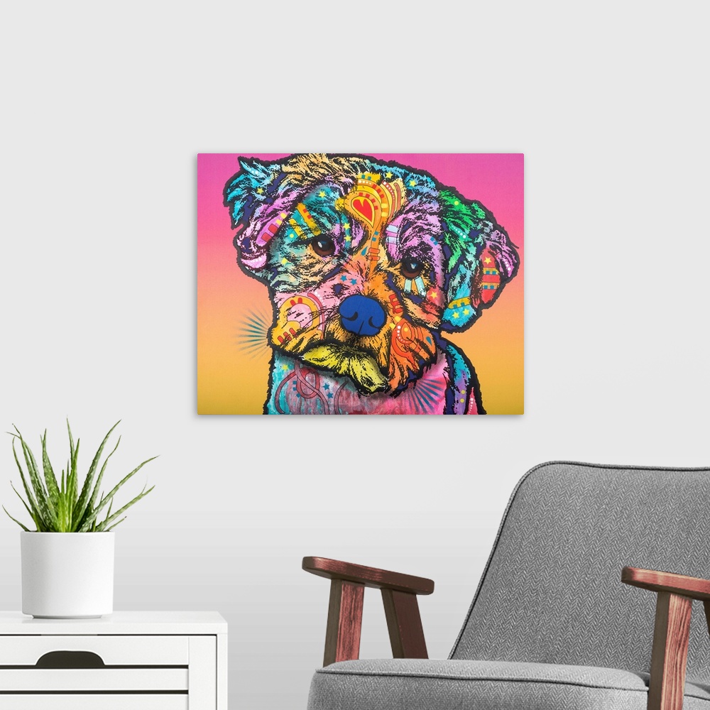 A modern room featuring Colorful painting of a dog with sad eyes and graffiti-like designs on a pink and yellow background.