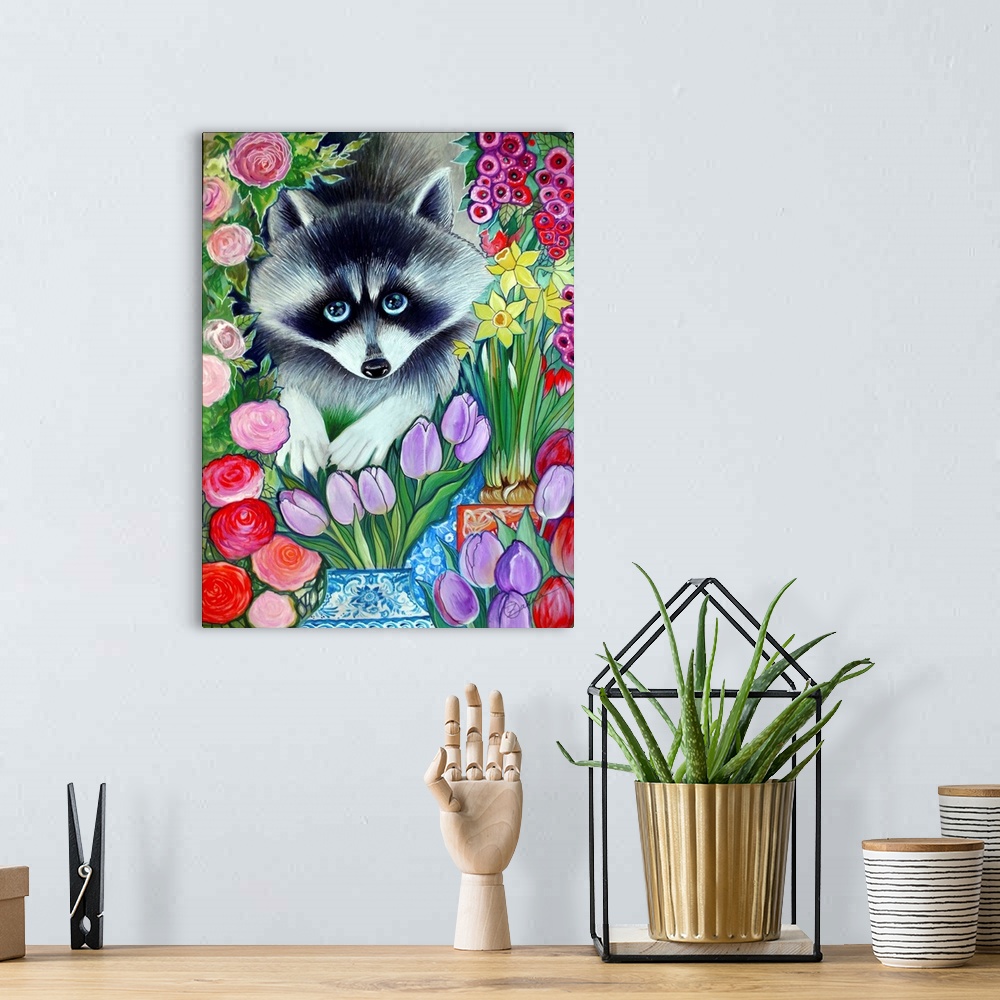 A bohemian room featuring Watercolor painting of a cute raccoon among tulips.