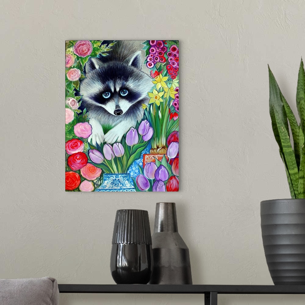 A modern room featuring Watercolor painting of a cute raccoon among tulips.