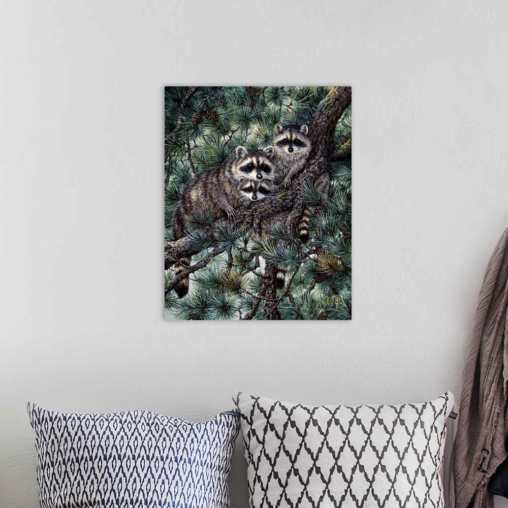 A bohemian room featuring 3 raccoons in a pine tree
