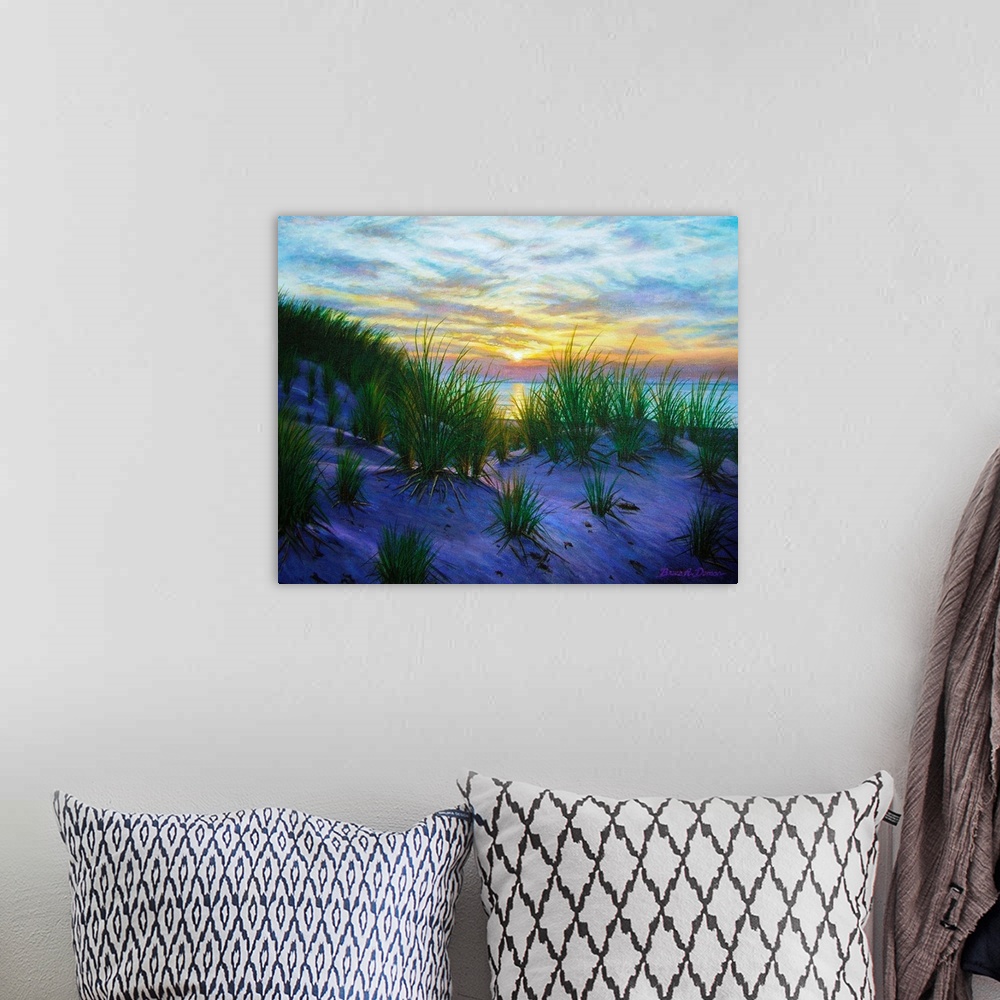 A bohemian room featuring Contemporary painting of Race Point Dunes at Sunset.