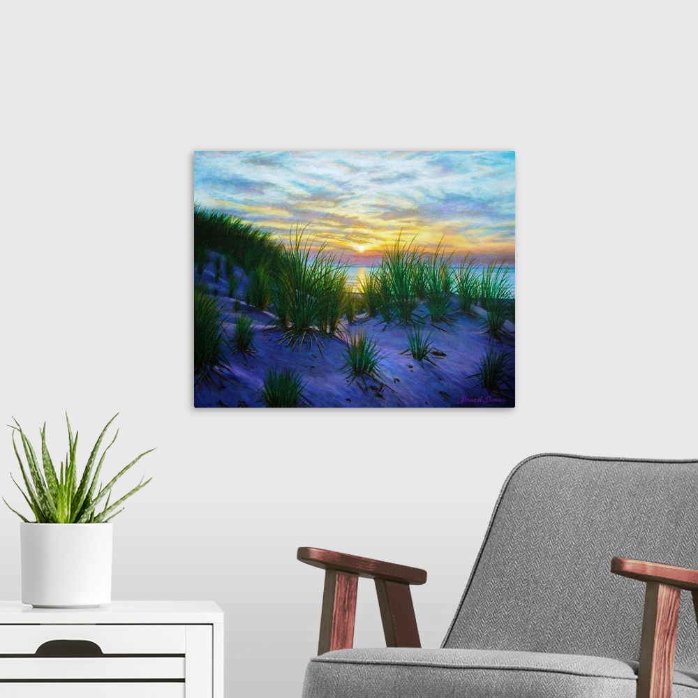 A modern room featuring Contemporary painting of Race Point Dunes at Sunset.