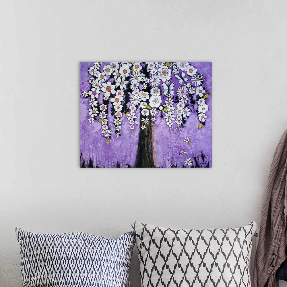 A bohemian room featuring Lighthearted contemporary painting of a flowering tree, against a purple background.
