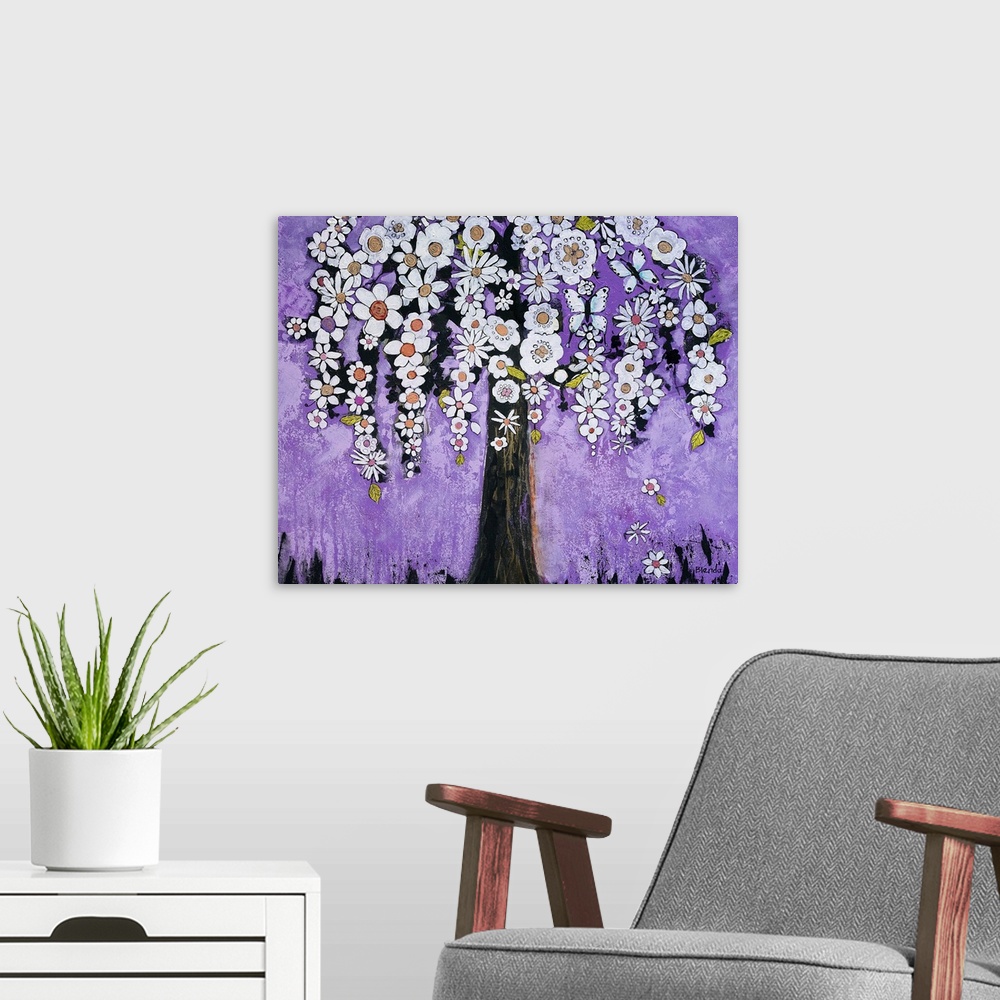 A modern room featuring Lighthearted contemporary painting of a flowering tree, against a purple background.