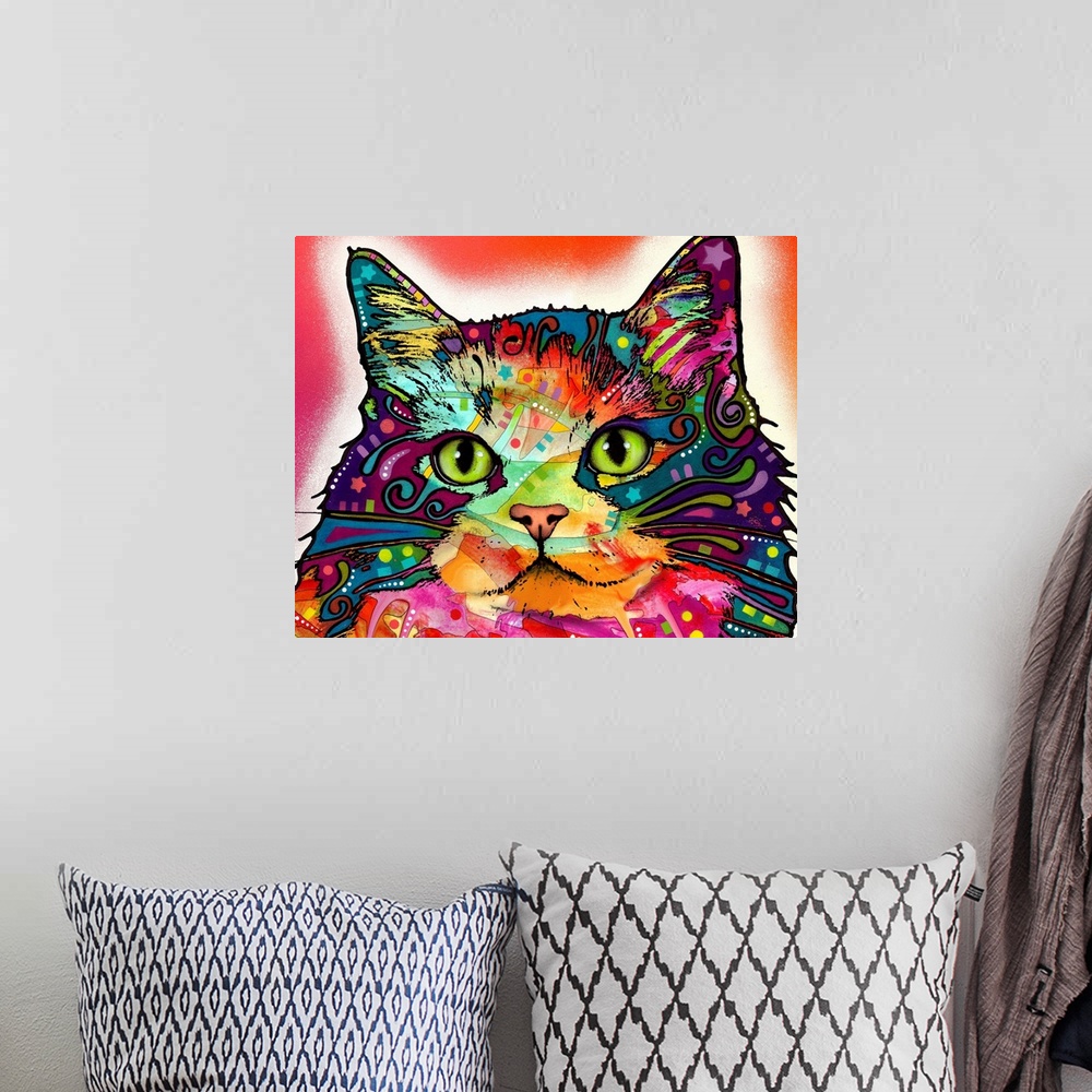 A bohemian room featuring Large illustration displays the head of a cat that has been decorated in a variety of extremely v...