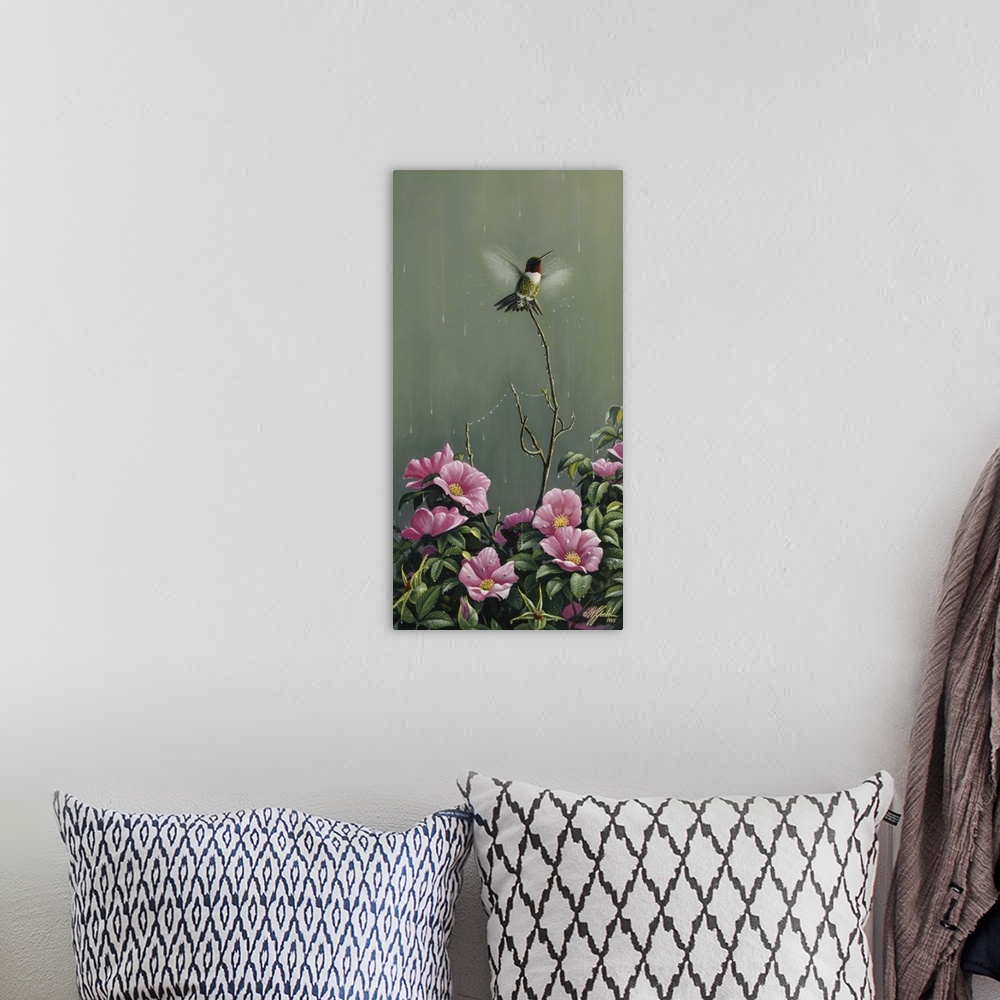 A bohemian room featuring Hummingbird fluttering in the rain above pink flowers.
