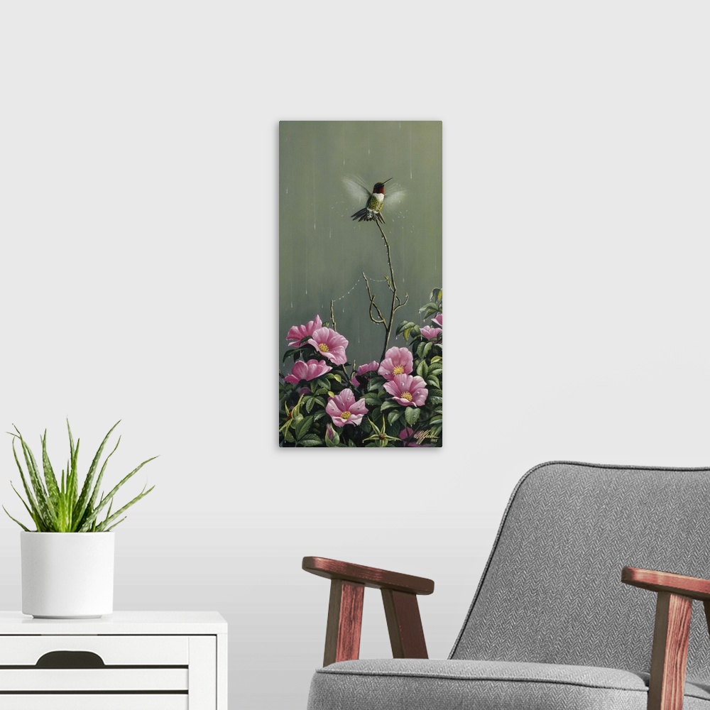 A modern room featuring Hummingbird fluttering in the rain above pink flowers.