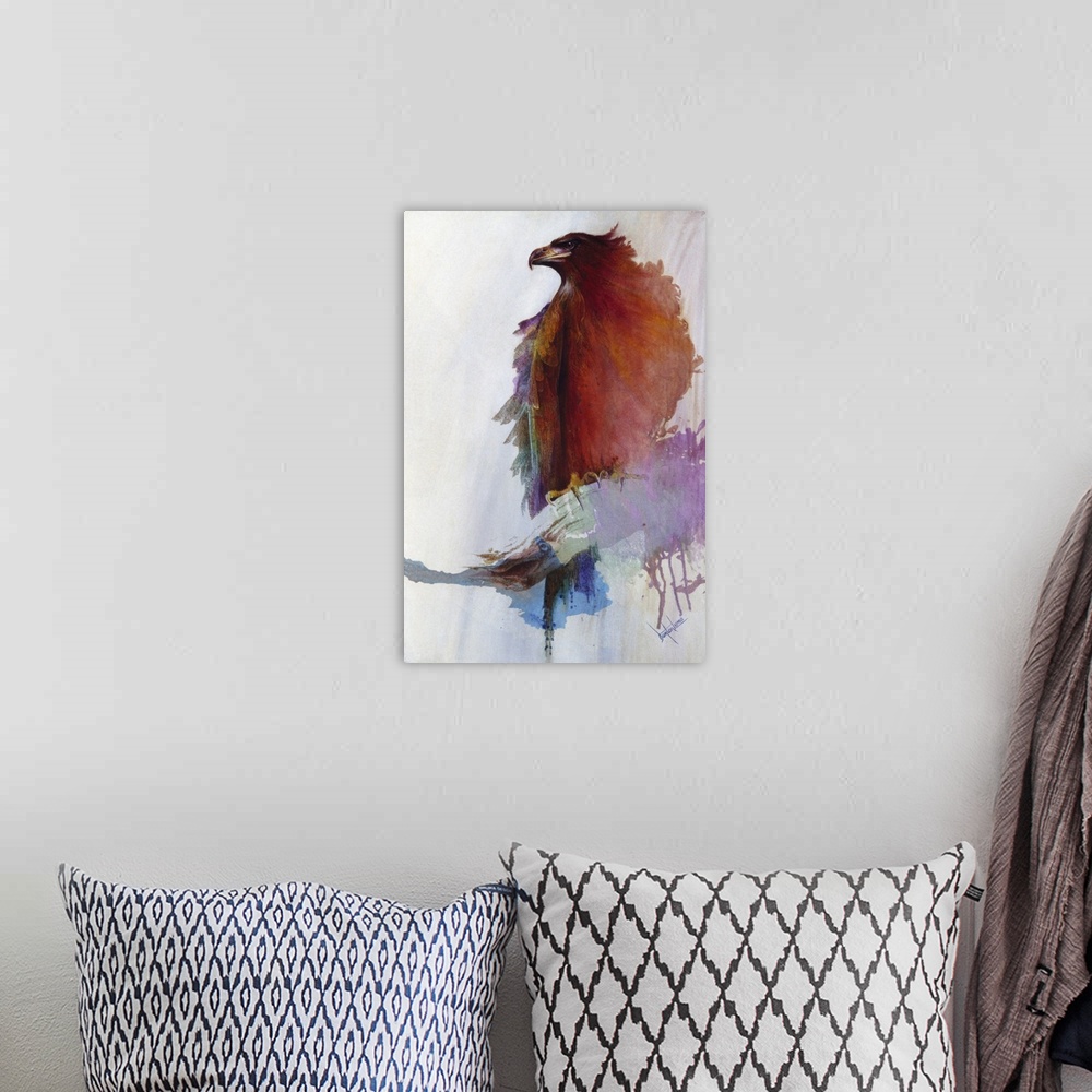 A bohemian room featuring A contemporary painting of an eagle silhouette with vibrant shades of red, purple and orange blee...