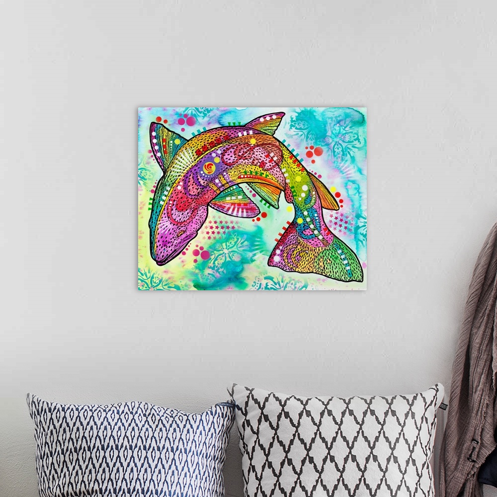 A bohemian room featuring Colorful illustration of a rainbow trout swimming with abstract markings all over.