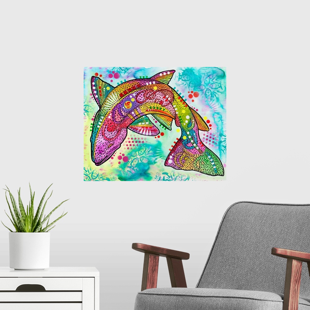 A modern room featuring Colorful illustration of a rainbow trout swimming with abstract markings all over.