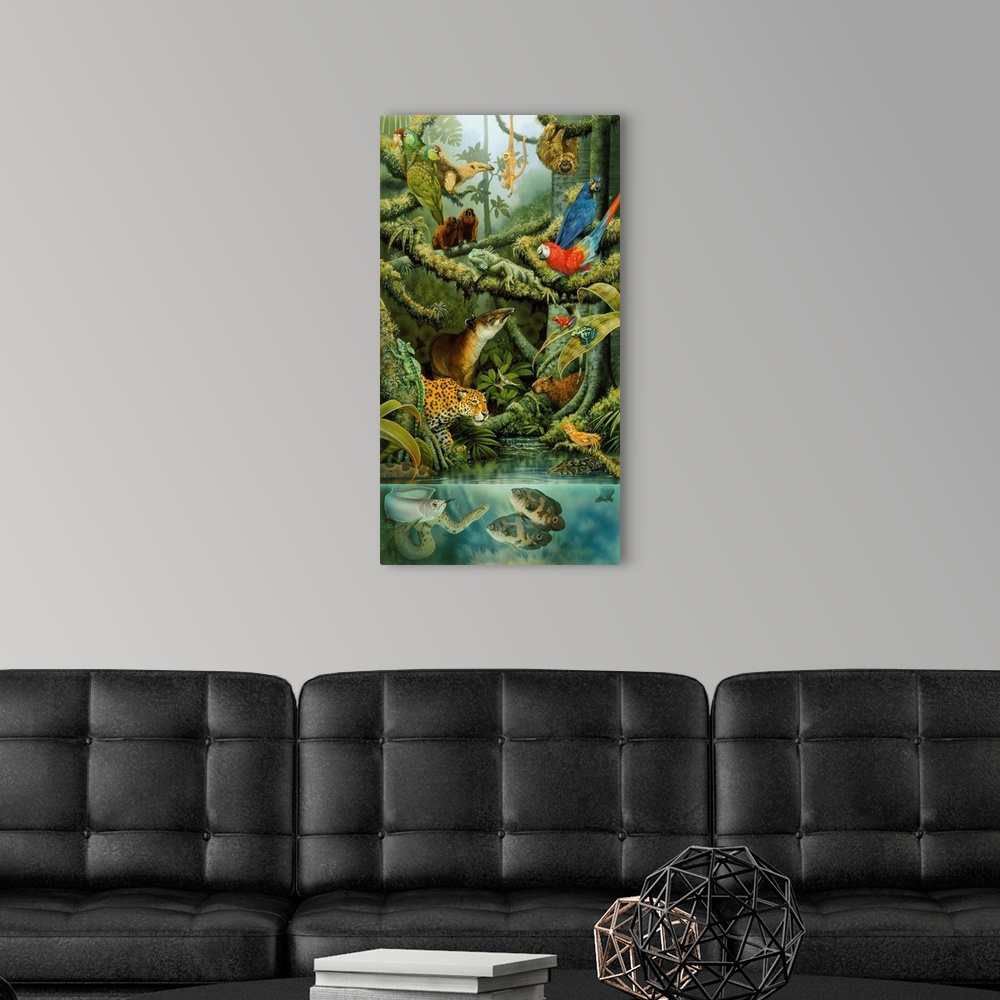 A modern room featuring Parrots, an anteater, leopard, sloths, frogs and other rainforest animals