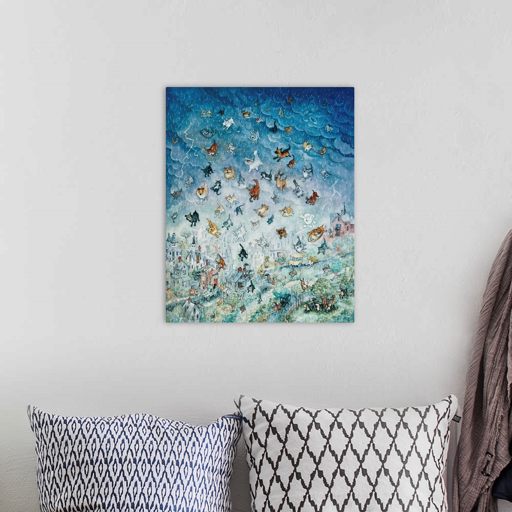 A bohemian room featuring A painting of the sky raining cats and dogs.