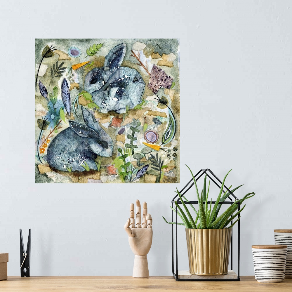 A bohemian room featuring Two grey watercolor rabbits surrounded by small plants.