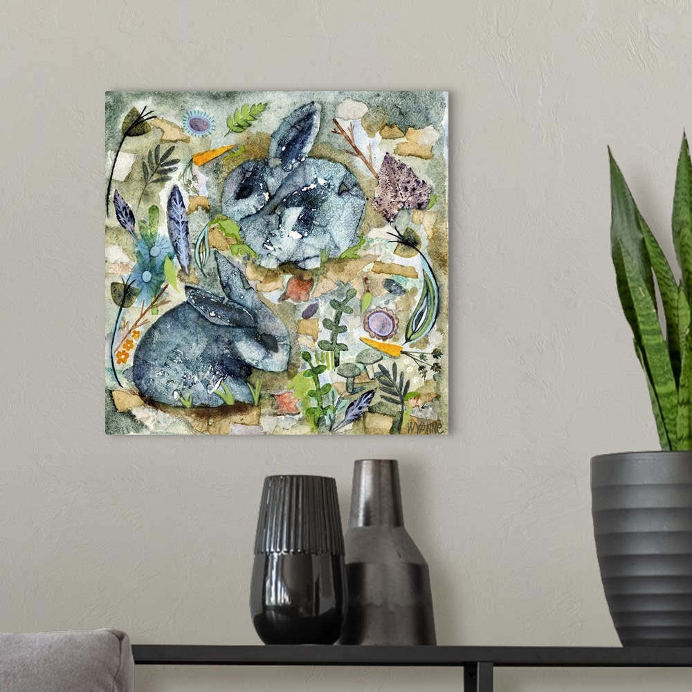 A modern room featuring Two grey watercolor rabbits surrounded by small plants.