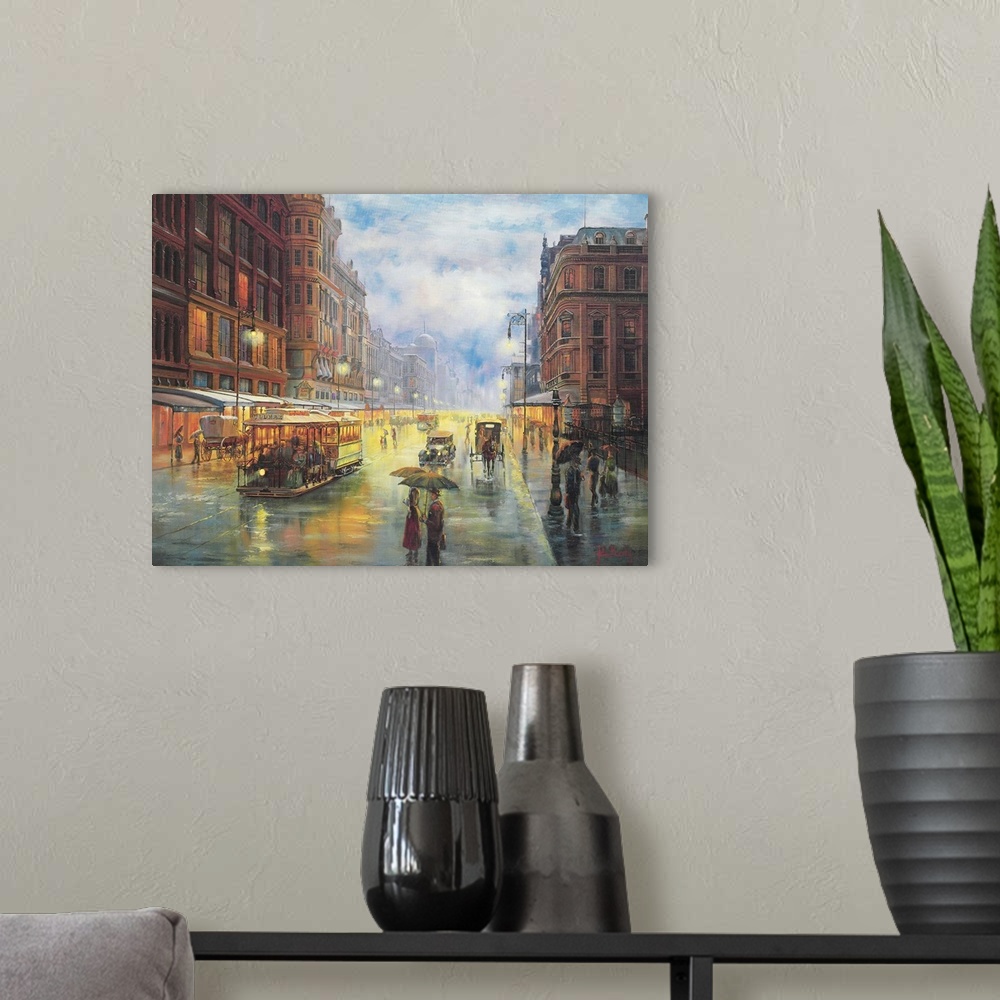 A modern room featuring Contemporary painting of an idyllic city scene.
