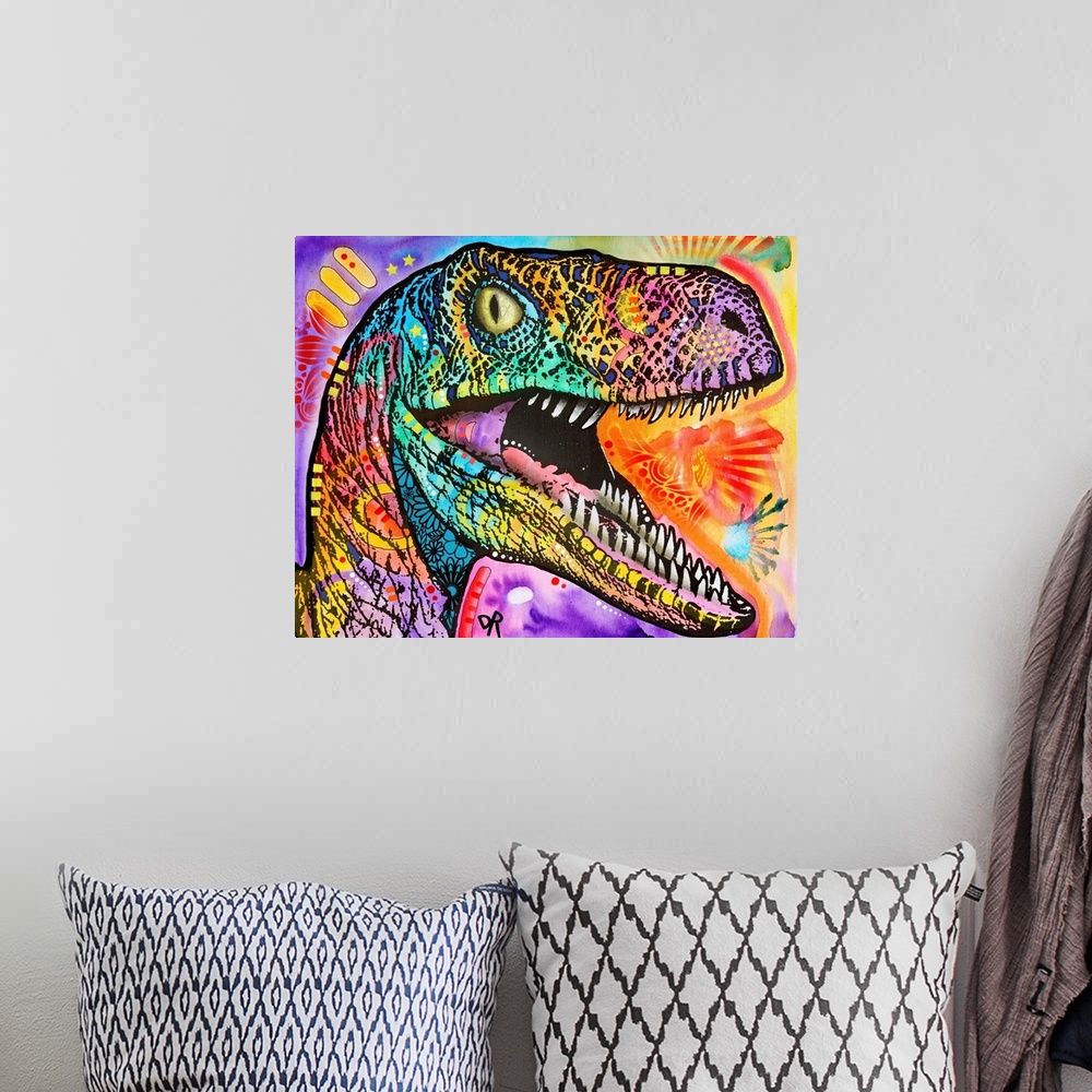 A bohemian room featuring Colorful illustration of a raptor surrounded by abstract designs.