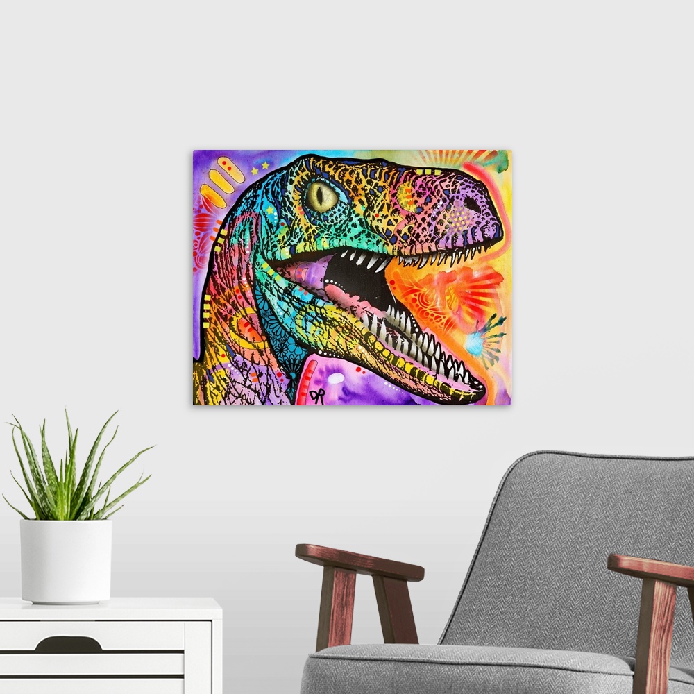 A modern room featuring Colorful illustration of a raptor surrounded by abstract designs.
