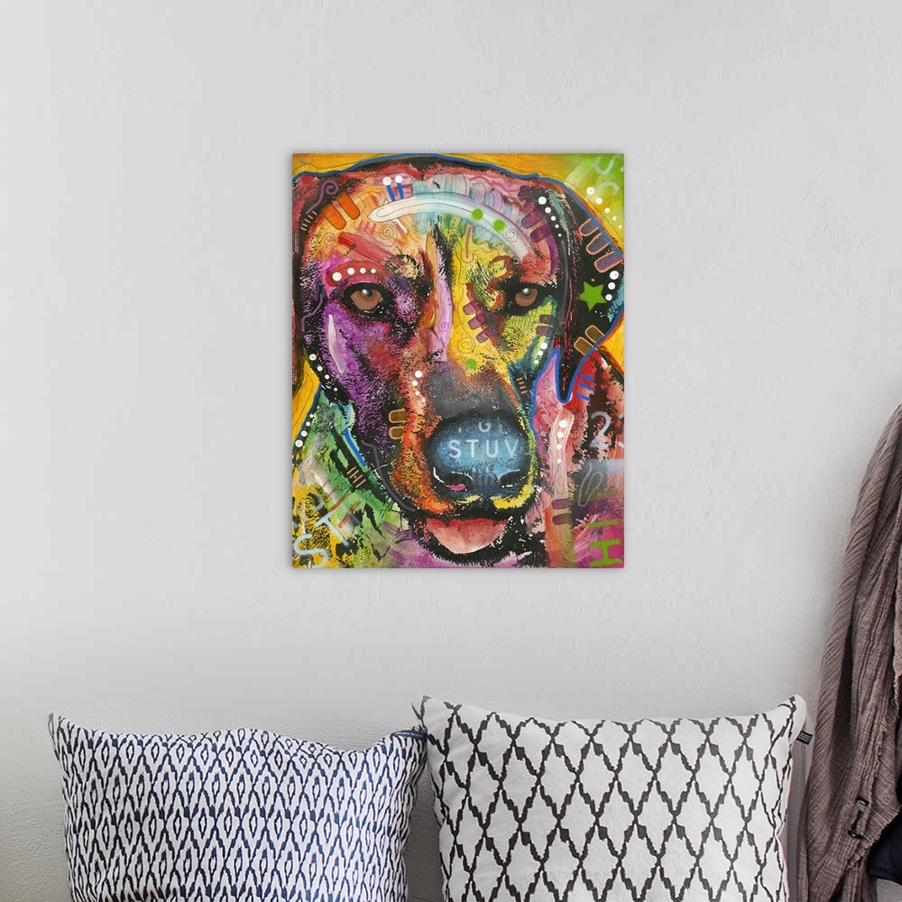 A bohemian room featuring Colorful painting of a Retriever with graffiti-like designs all over.