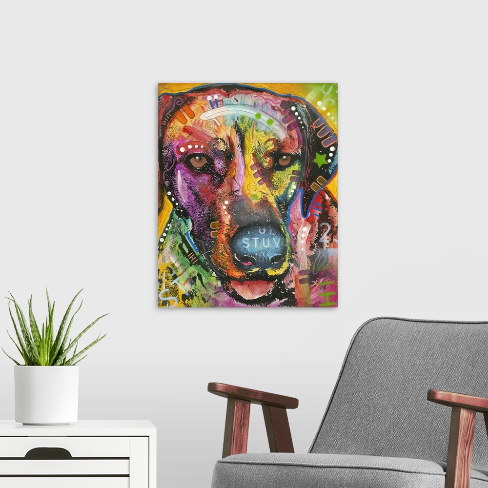 A modern room featuring Colorful painting of a Retriever with graffiti-like designs all over.