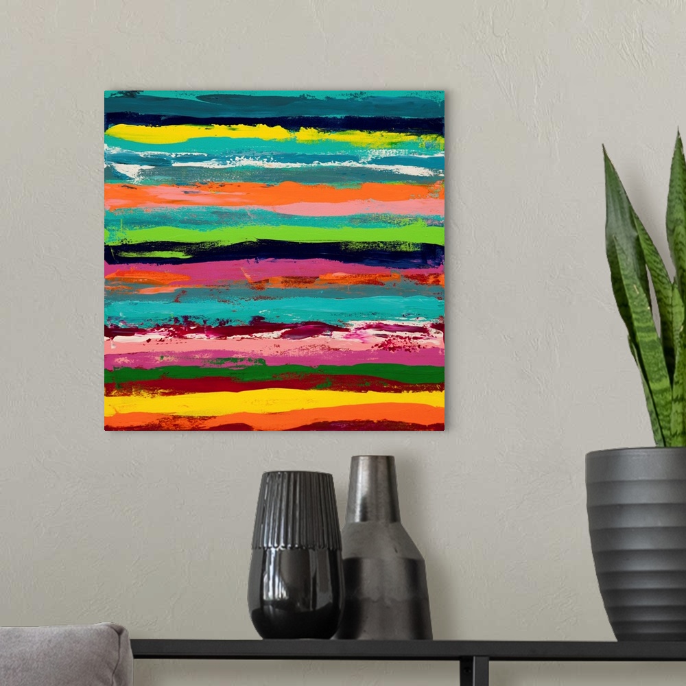 A modern room featuring A contemporary abstract painting using vibrant colors in horizontal stripes.