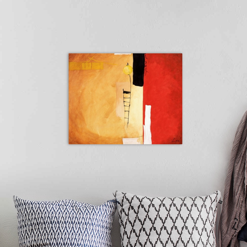 A bohemian room featuring Abstract painting with tones of red, white, black and yellows.