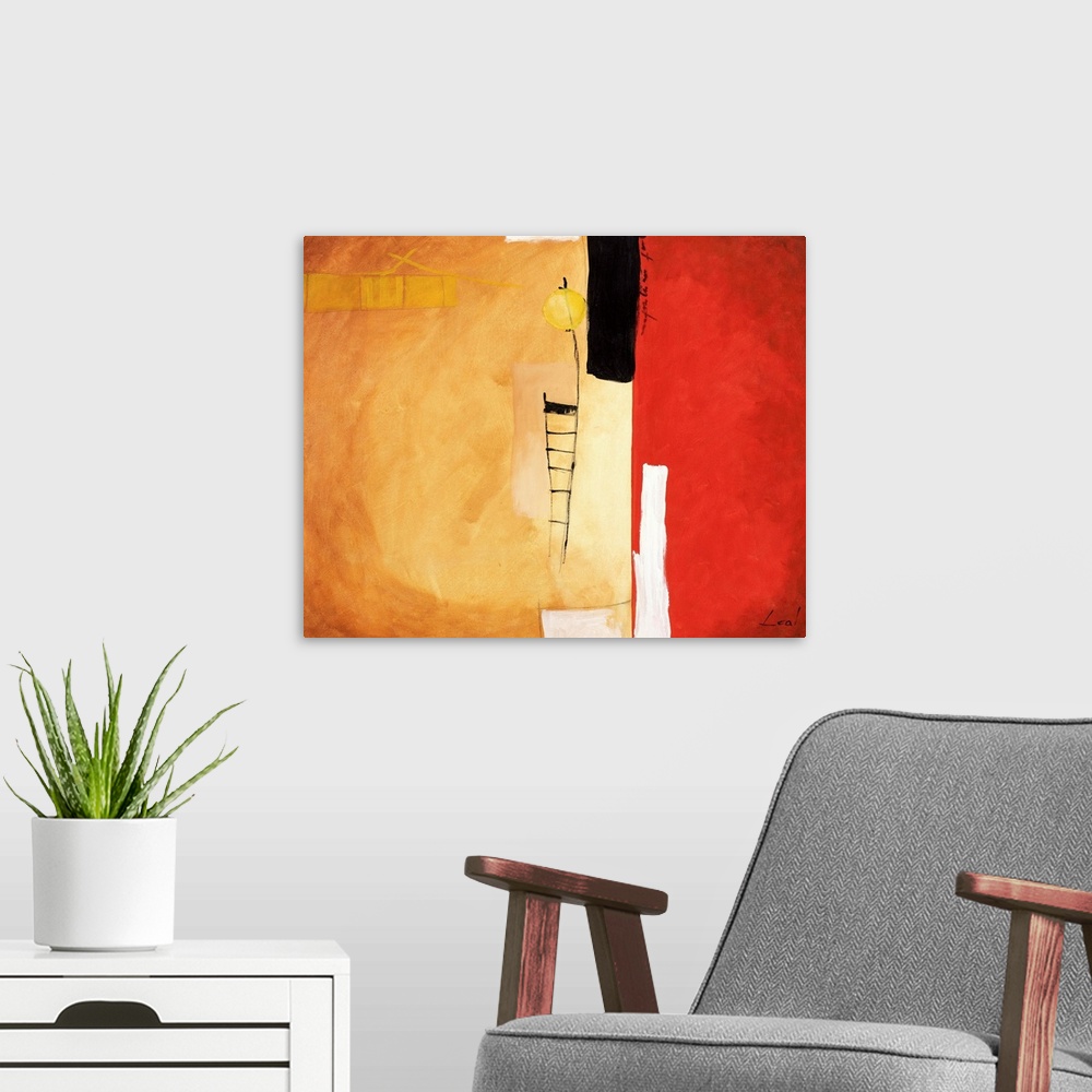 A modern room featuring Abstract painting with tones of red, white, black and yellows.