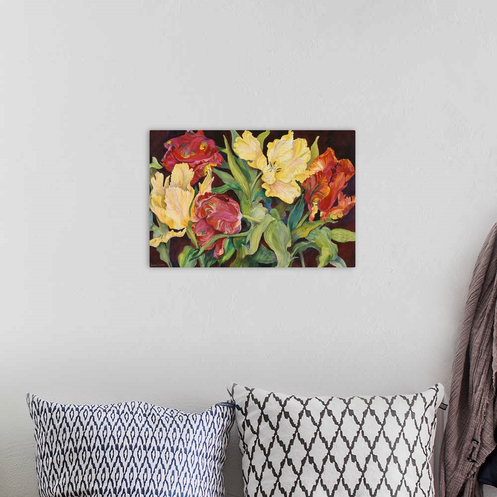 A bohemian room featuring Colorful contemporary painting of red and yellow parrot tulips.