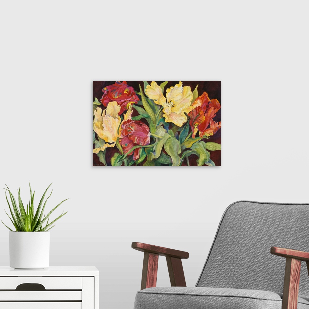 A modern room featuring Colorful contemporary painting of red and yellow parrot tulips.