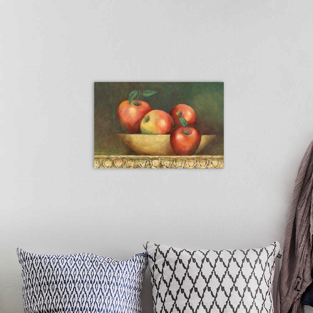 A bohemian room featuring Still life of Apples in a bowl