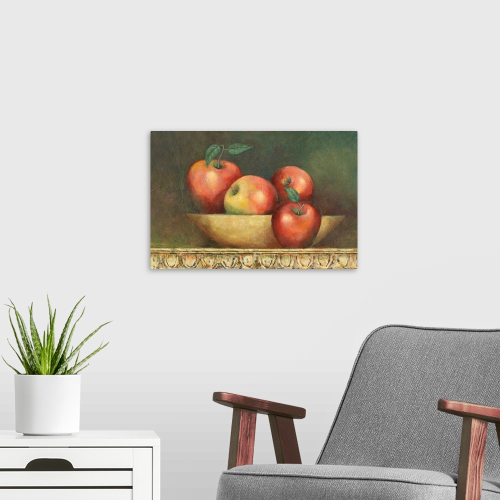 A modern room featuring Still life of Apples in a bowl