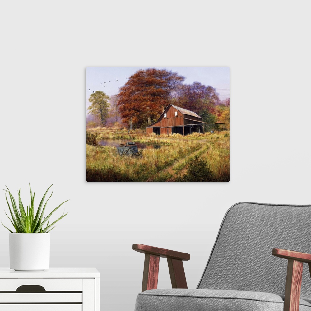 A modern room featuring Red barn by pond in field with geese flying south in formation aboveautumn, fall, foliage.