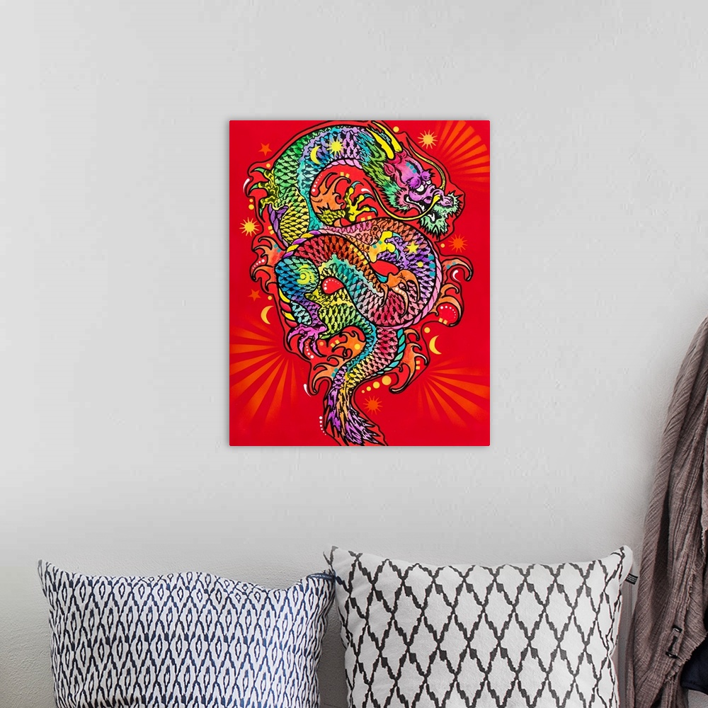 A bohemian room featuring Colorful illustration of a dragon with a bright red background.