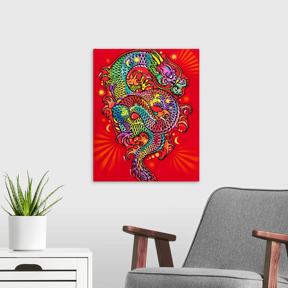 A modern room featuring Colorful illustration of a dragon with a bright red background.