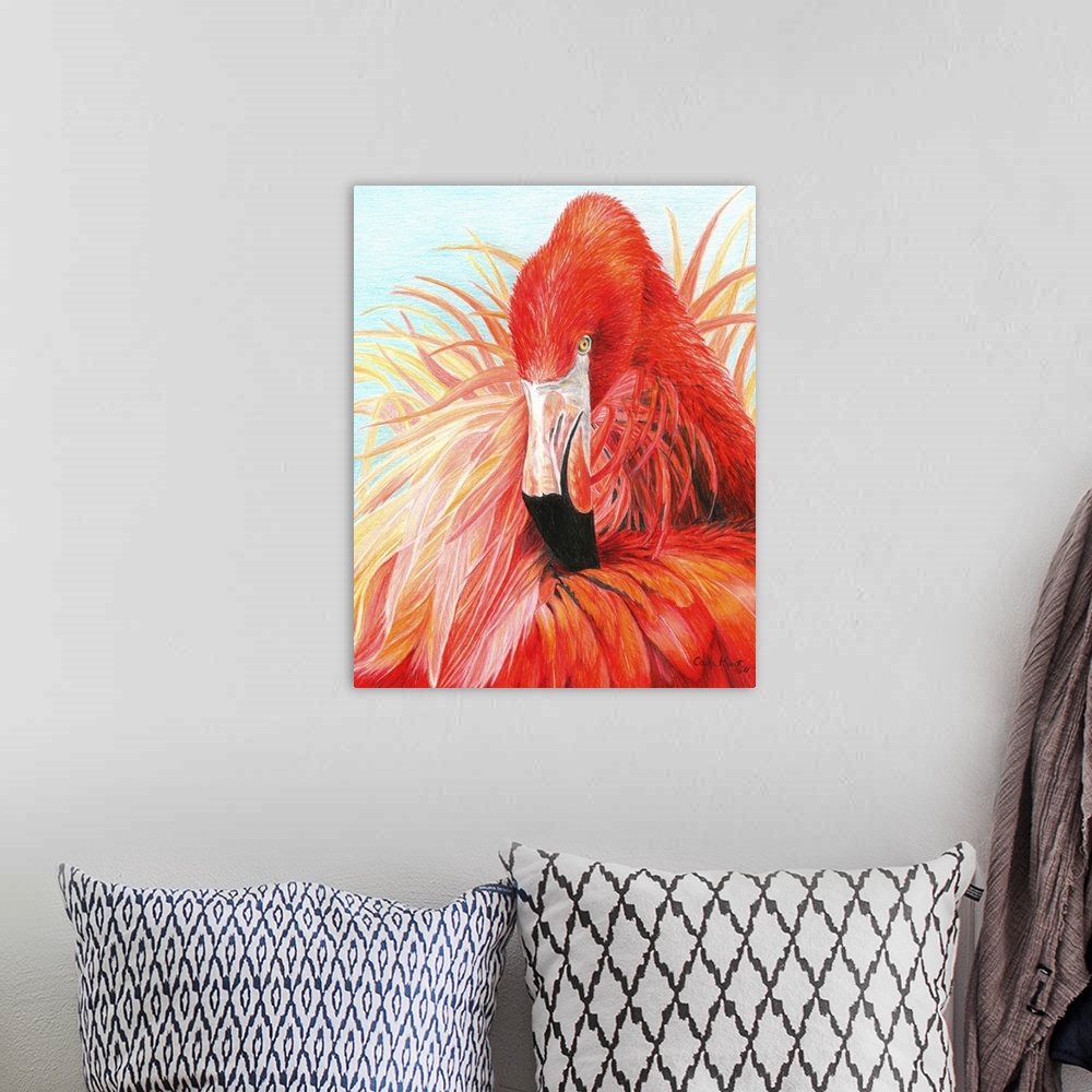 A bohemian room featuring Contemporary artwork of vibrant colored red flamingo.