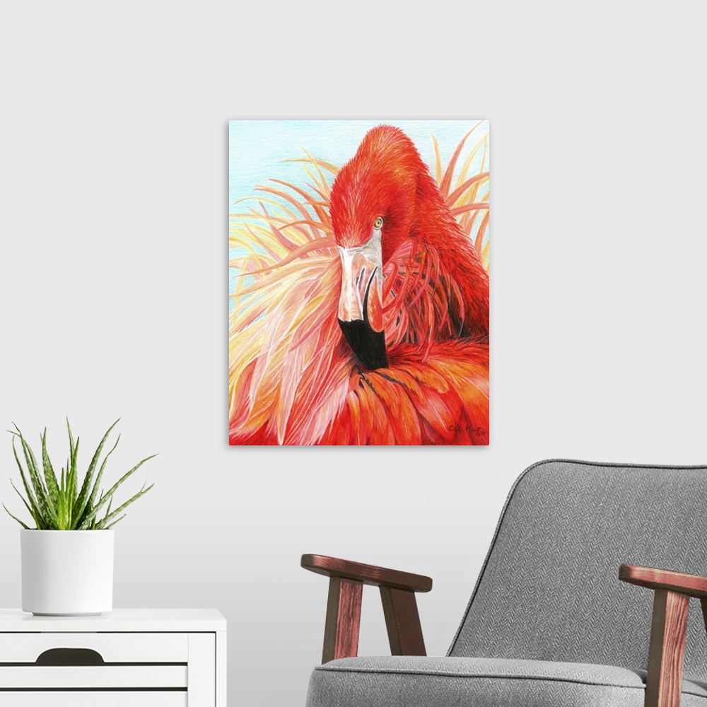 A modern room featuring Contemporary artwork of vibrant colored red flamingo.