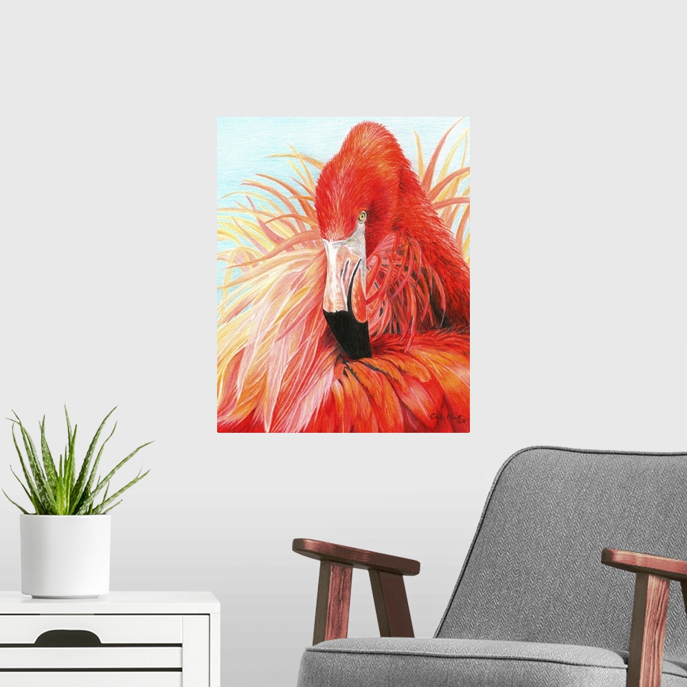 A modern room featuring Contemporary artwork of vibrant colored red flamingo.