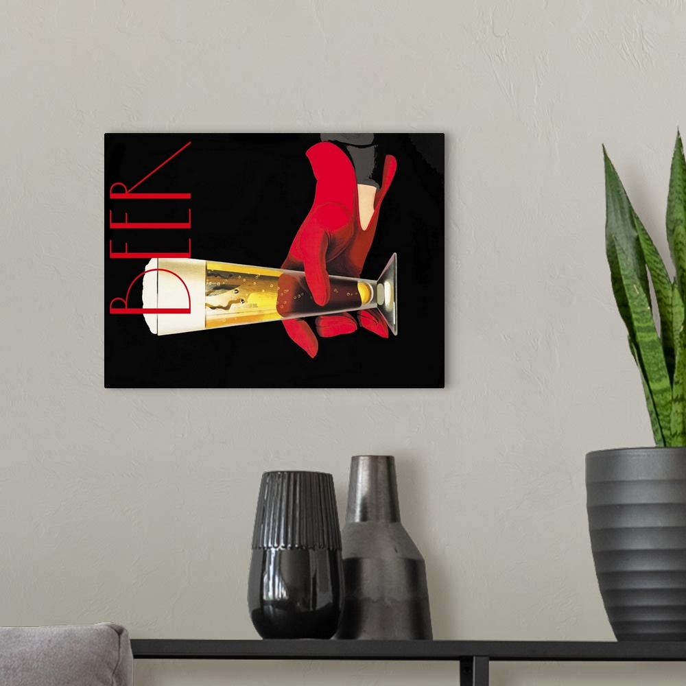 A modern room featuring Vintage poster advertisement for Red Glove Beer.