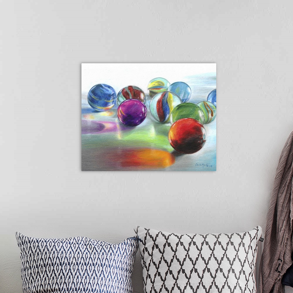 A bohemian room featuring Contemporary still-life artwork of glass marbles on a white surface with bright light shining thr...
