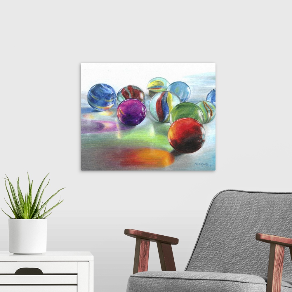 A modern room featuring Contemporary still-life artwork of glass marbles on a white surface with bright light shining thr...