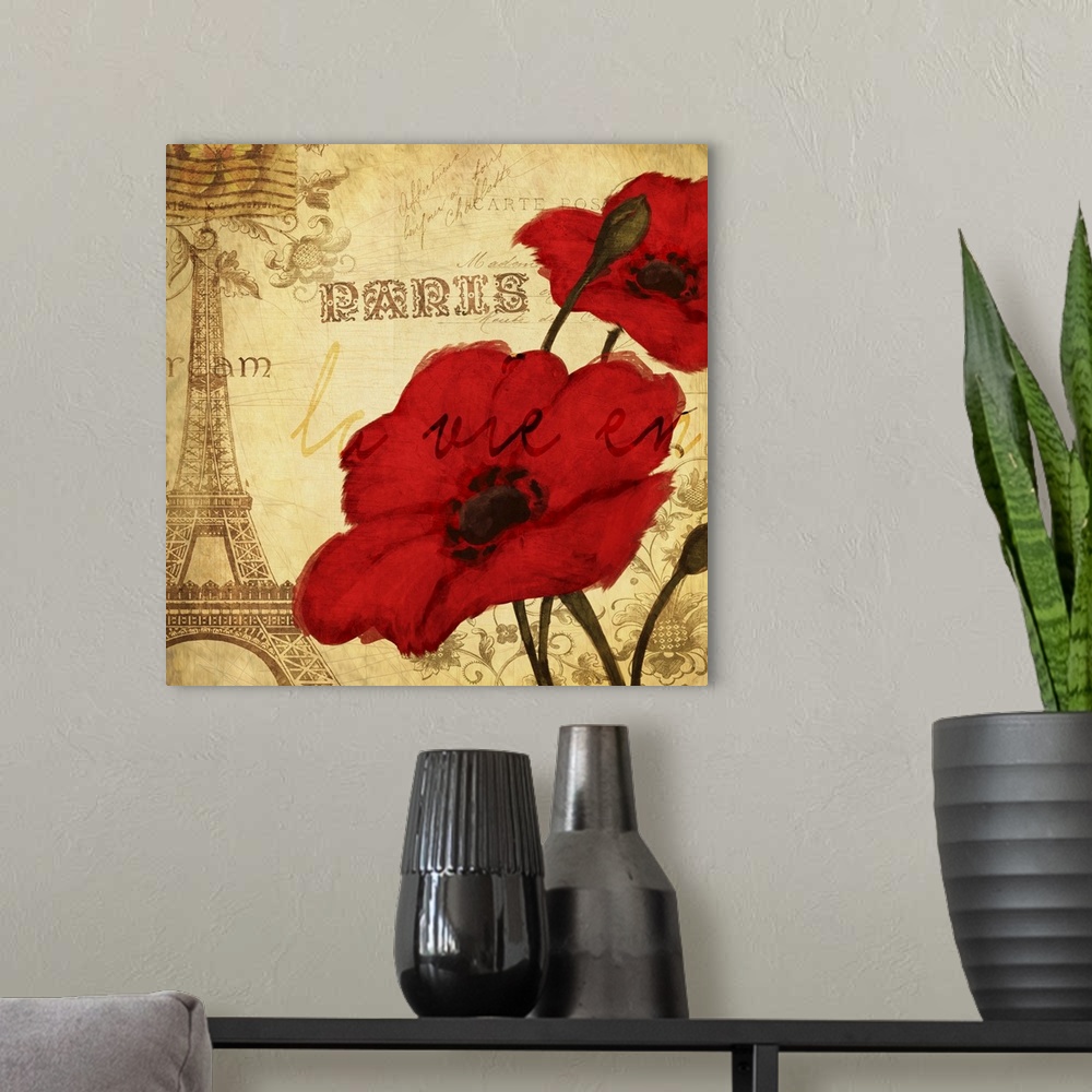 A modern room featuring Square art with red poppies and a sepia toned Paris themed background with a postage stamp at the...
