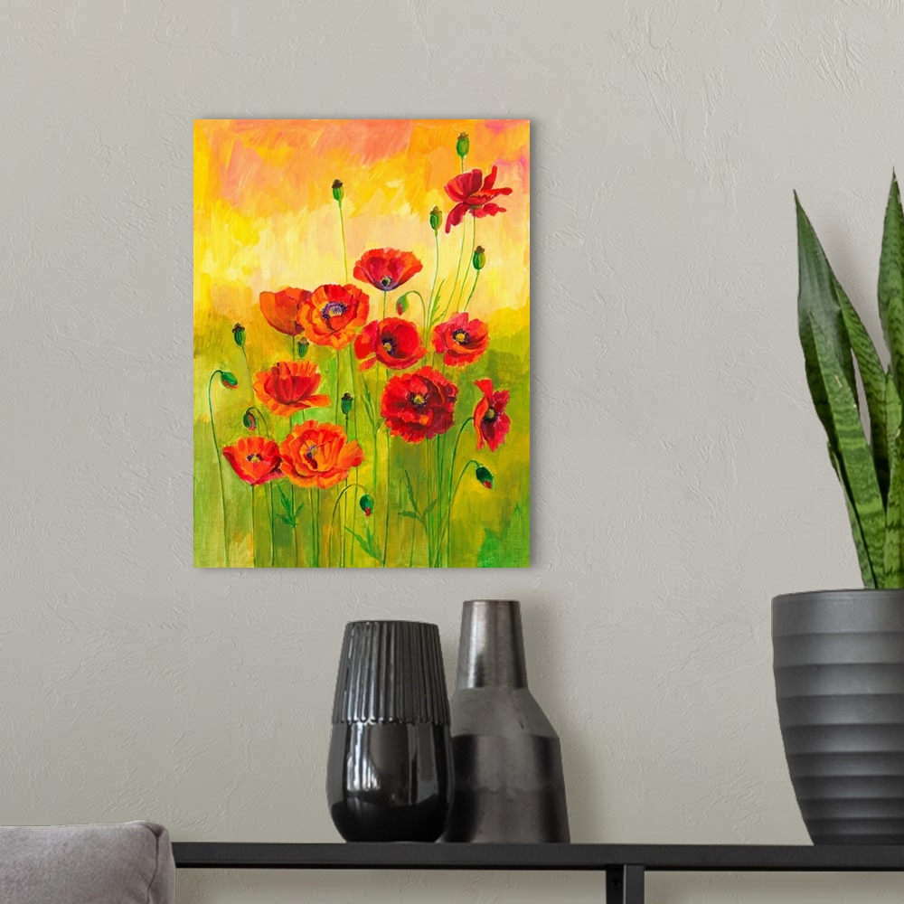 A modern room featuring Red Poppies in Green Grass