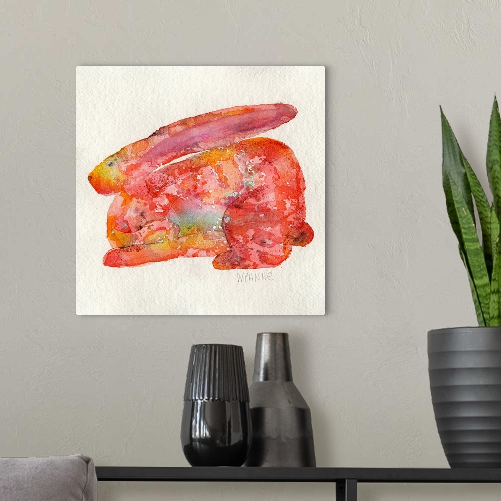 A modern room featuring A watercolor rabbit in shades of red and orange.