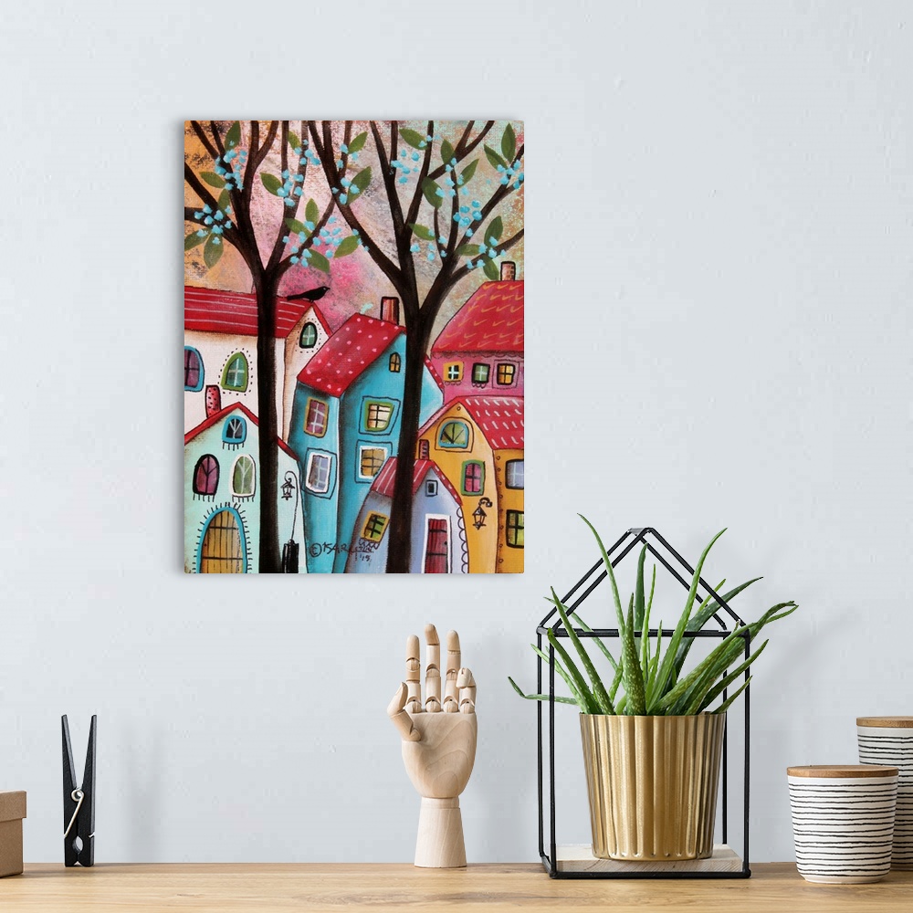 A bohemian room featuring Contemporary folk-art style painting.