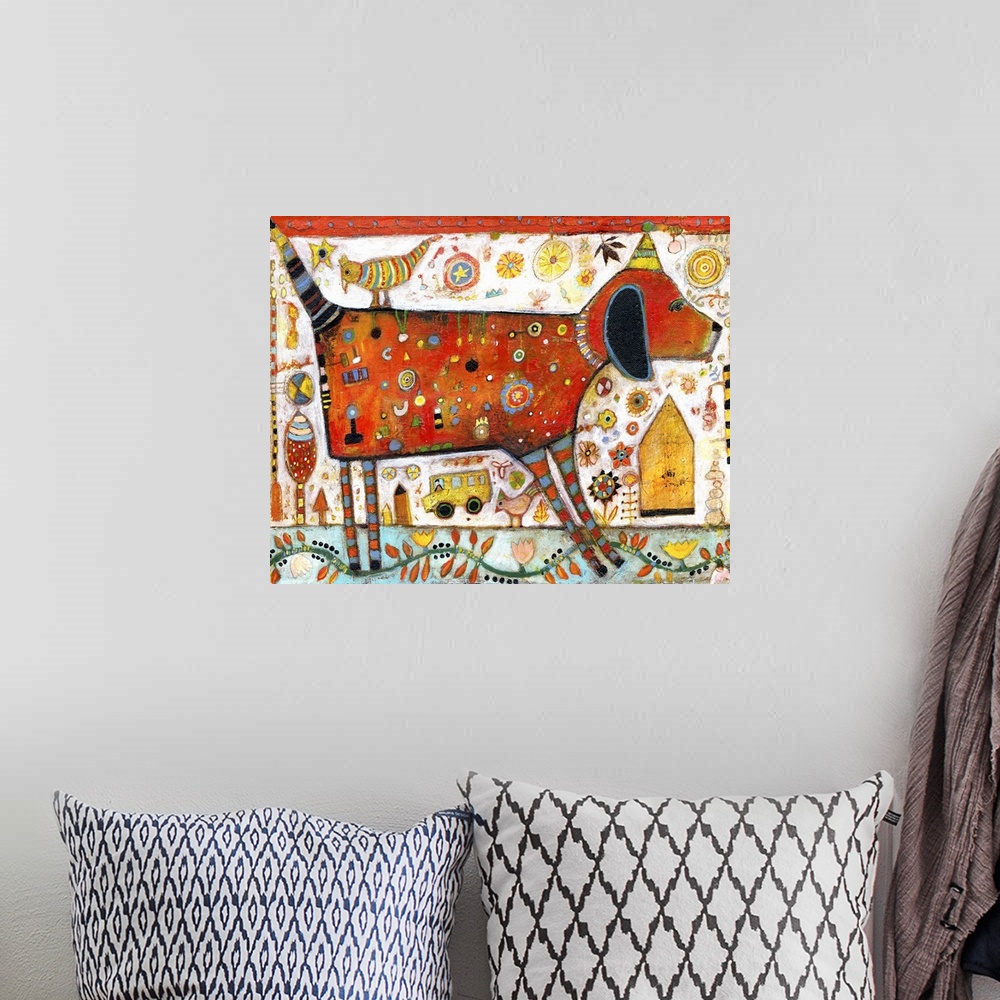 A bohemian room featuring Lighthearted contemporary painting of red dog with spots and wearing a party hat.
