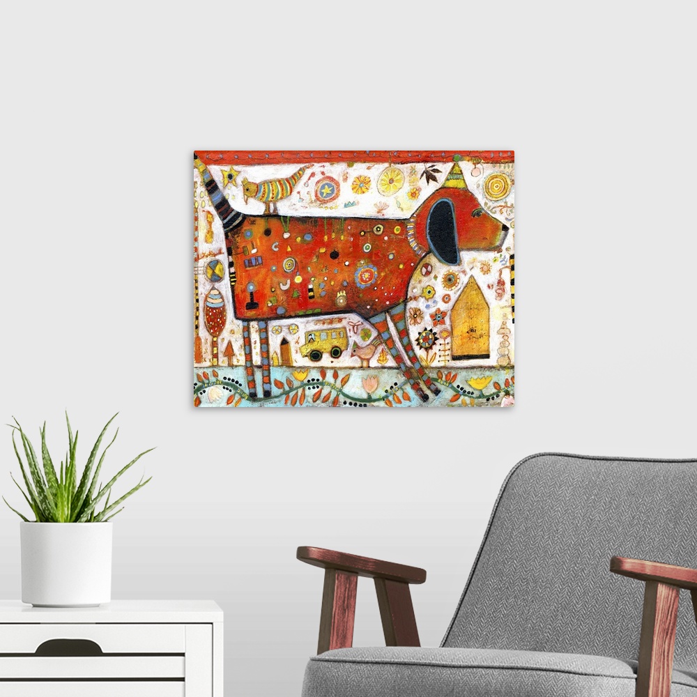 A modern room featuring Lighthearted contemporary painting of red dog with spots and wearing a party hat.