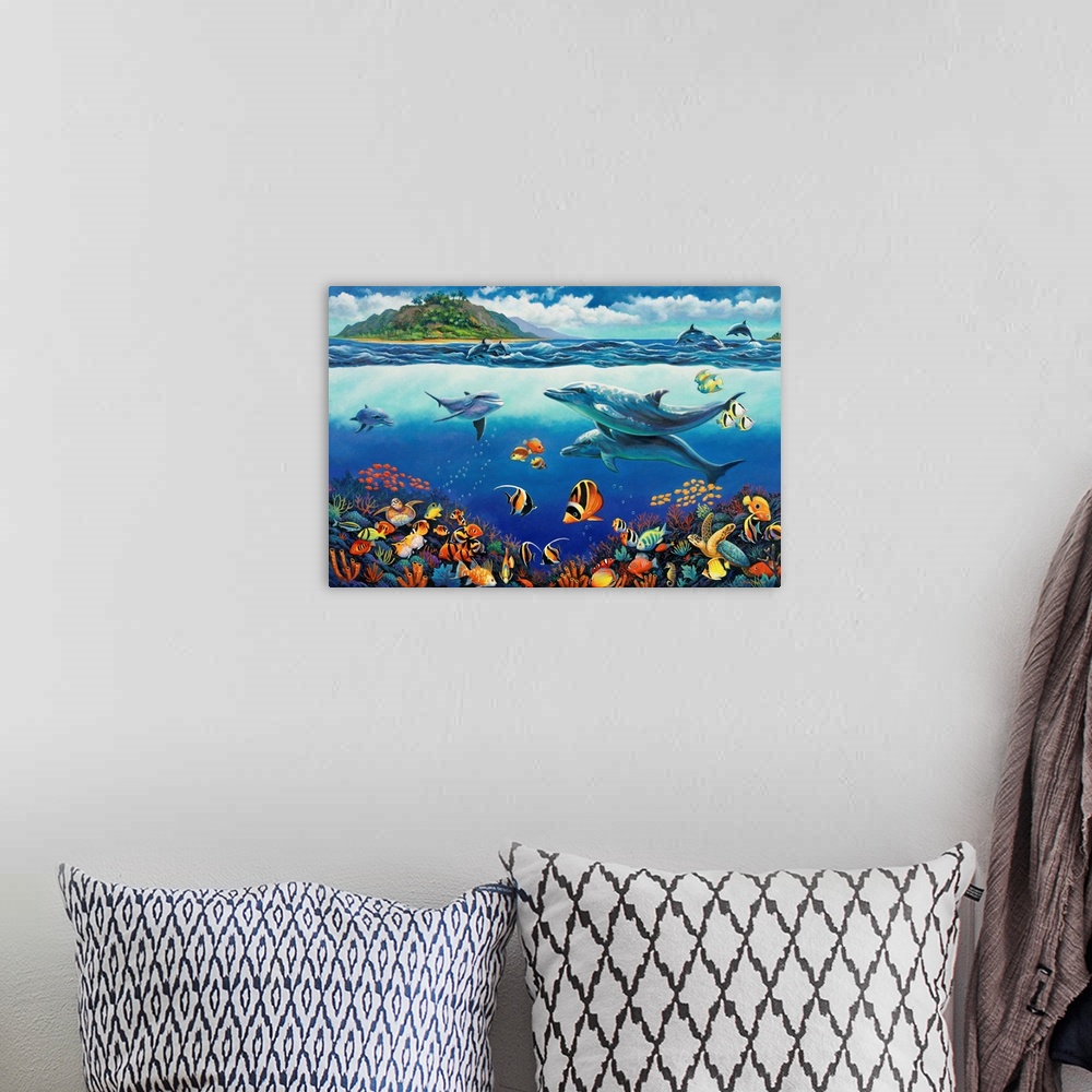 A bohemian room featuring underwater view of coral reef and dolphins